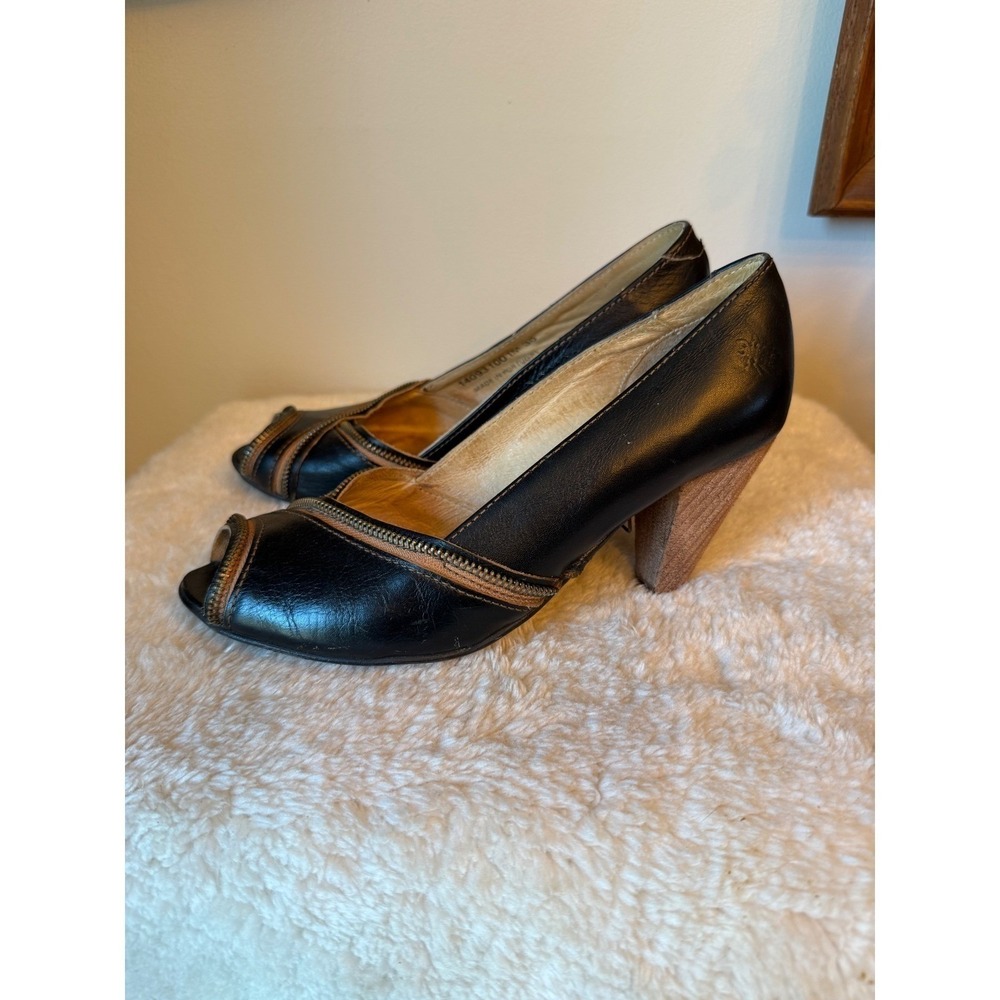 Black Leather London fly Peep Toe Heels Cone Heel Dress Shoes Women's Size 38